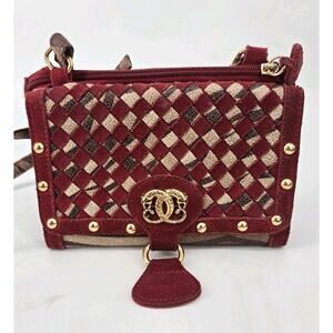 Vtg 80s Leopard Checkered Sharif Studio Gold Studded Leather Crossbody Purse Bag